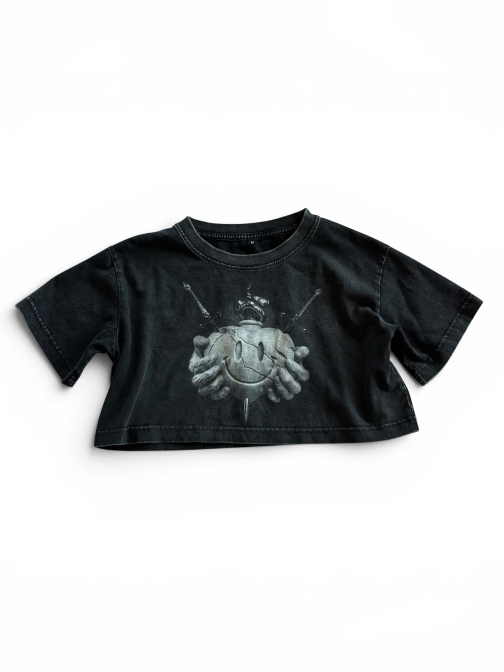 Mighty Fine Washed Black Graphic Crop Tee | Grunge Y2K Size M